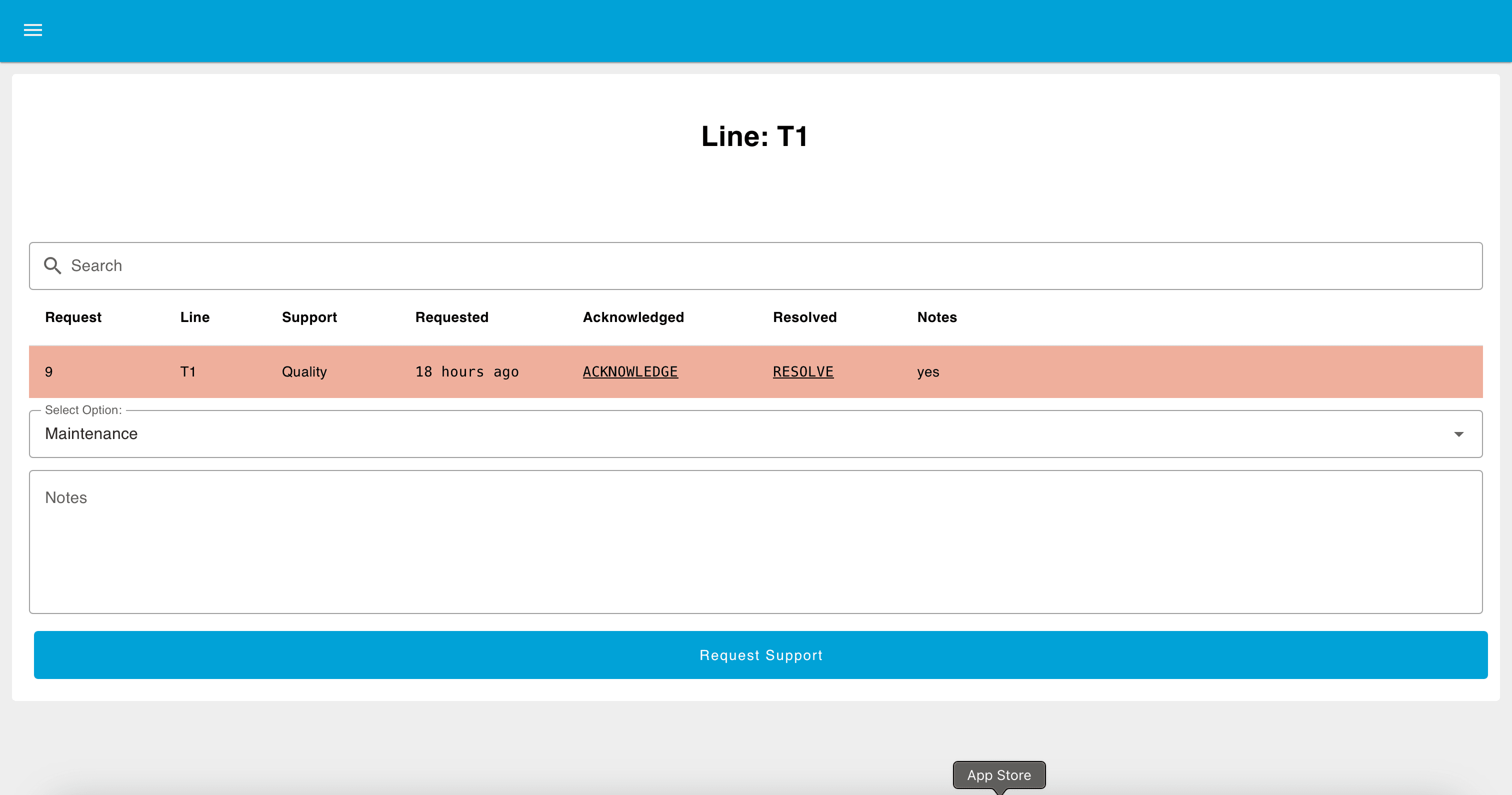 UI form with dropdown, text input, and a submit button labeled "Request Support."